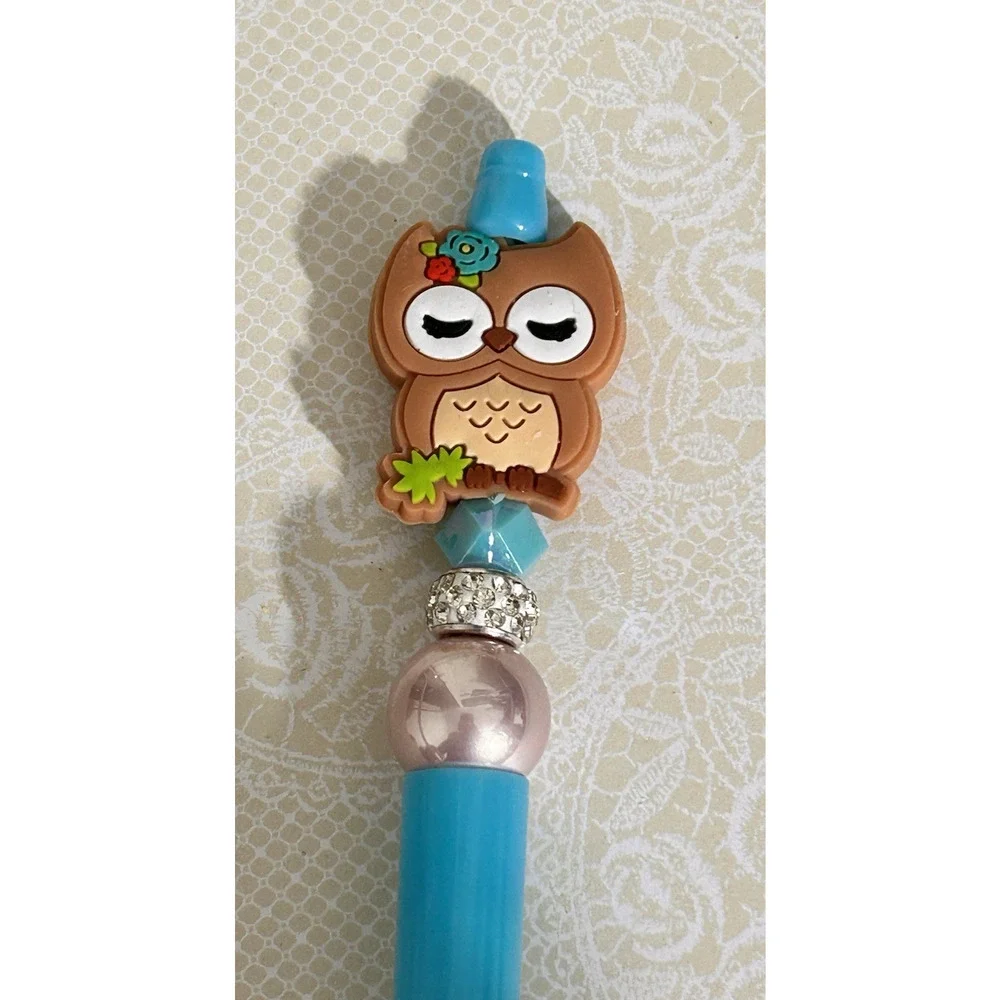 Custom Beaded Owl Blue Pen Handmade Sparkle Rhinestone Fun Unique Gift
